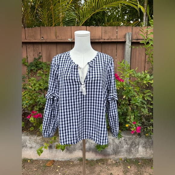 Splendid Navy Gingham Check Ruffled Tie Neck Navy White Long Sleeve Blouse L - Picture 1 of 9